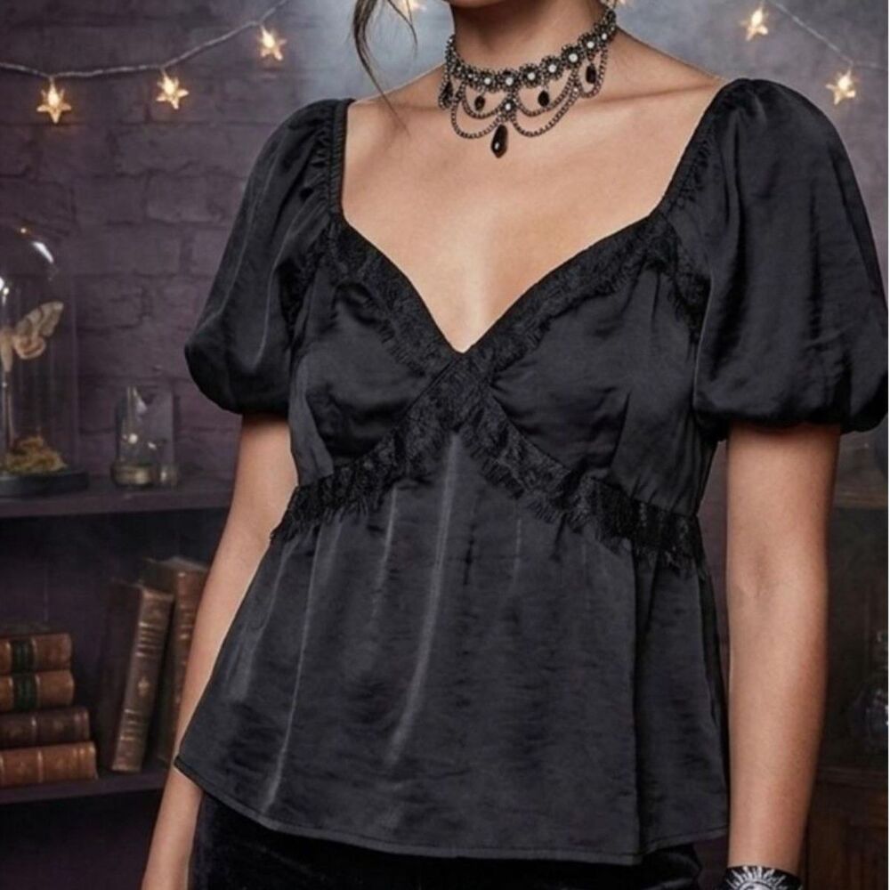 Whimsigoth Black Silky Lace Puff Sleeve Top Romantic Goth Dark Academia Medium
